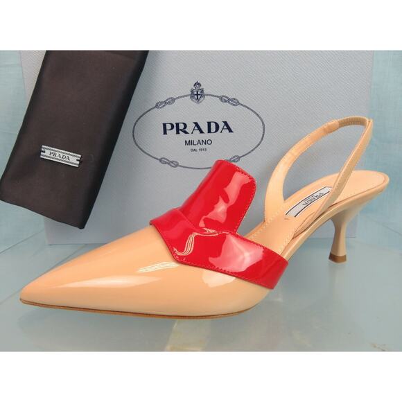NIB PRADA 1I270L BEIGE RED PATENT LEATHER POINTED TOE SANDALS MULES PUMPS 39 IT - Picture 3 of 12